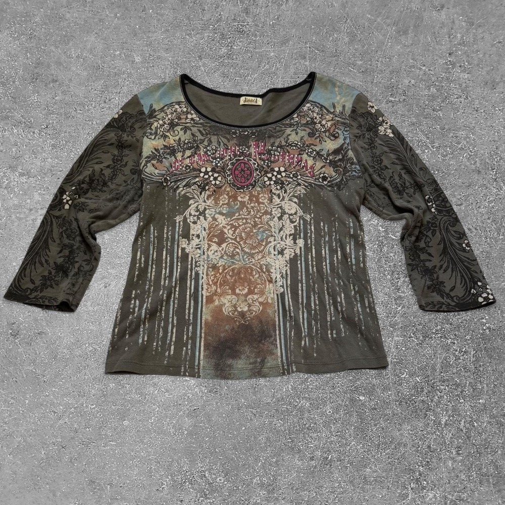 Jamee J Women Y2K Fairycore 3/4 Sleeve Graphic Top Olive Green Black XLarge